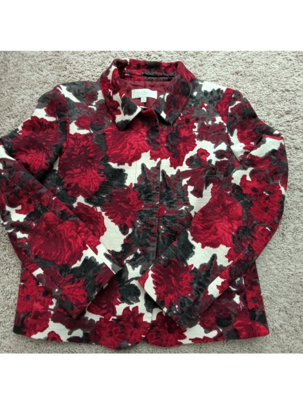 Talbots Petites 8P Blazer Jacket  Lined Bold Red Floral Hidden Snap Closure